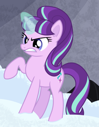 Size: 2349x3000 | Tagged: safe, artist:frownfactory, starlight glimmer, pony, unicorn, g4, season 5, the cutie map, angry, blue eyes, cropped, ear fluff, female, glowing, glowing horn, gritted teeth, high res, horn, magic, magic aura, mare, multicolored mane, multicolored tail, raised hoof, s5 starlight, simple background, snow, solo, standing, tail, vector