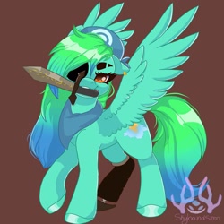 Size: 1440x1440 | Tagged: safe, artist:skyboundsiren, oc, oc only, pegasus, pony, eyepatch, looking at you, mouth hold, solo, spread wings, sword, weapon, wings