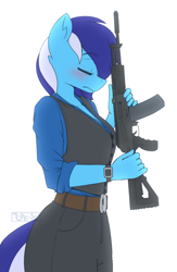 Size: 800x1228 | Tagged: safe, artist:puetsua, oc, oc only, oc:brushie brusha, anthro, ak-12, belt, blushing, clothes, eyes closed, female, frown, gun, pants, rifle, simple background, solo, vest, watch, weapon, white background, wristwatch