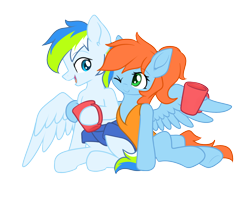 Size: 1500x1200 | Tagged: safe, artist:zylgchs, oc, oc only, oc:morning star, oc:rain bow, pegasus, pony, 2022 community collab, derpibooru community collaboration, clothes, cup, duo, female, hoof hold, hooves, hug, looking at someone, male, mare, multicolored mane, one eye closed, one-piece swimsuit, open mouth, open smile, pegasus oc, ponytail, simple background, sitting, smiling, stallion, swimsuit, transparent background, wing hands, wing hold, wings, wink