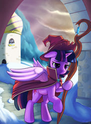 Size: 2200x3000 | Tagged: safe, artist:silverhopexiii, twilight sparkle, alicorn, pony, g4, crepuscular rays, fantasy, female, hat, high res, magician, mare, solo, staff, twilight sparkle (alicorn)