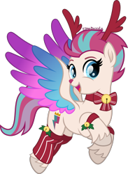 Size: 2921x4000 | Tagged: safe, artist:limedazzle, part of a set, zipp storm, deer, deer pony, hybrid, original species, pegasus, pony, reindeer, g4, g5, my little pony: a new generation, adorazipp, antlers, christmas, cloven hooves, colored wings, cute, female, flying, g5 to g4, happy, high res, holiday, inkscape, looking at you, mare, multicolored wings, open mouth, simple background, solo, transparent background, wings
