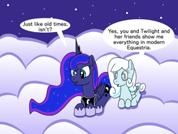 Size: 1600x1200 | Tagged: safe, artist:platinumdrop, princess luna, oc, oc:snowdrop, alicorn, pegasus, pony, g4, cloud, dialogue, duo, duo female, female, folded wings, hoof shoes, horn, lying down, lying on a cloud, on a cloud, open mouth, pegasus oc, prone, request, speech bubble, stars, tail, teal eyes, two toned mane, two toned tail, wings
