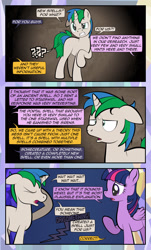 Size: 1920x3169 | Tagged: safe, artist:alexdti, twilight sparkle, oc, oc:star logic, alicorn, pony, unicorn, comic:quest for friendship, g4, comic, confused, dialogue, duo, ears back, eyes closed, female, floppy ears, folded wings, green eyes, gritted teeth, hoof on head, horn, looking at someone, male, mare, multicolored mane, offscreen character, one ear down, open mouth, purple eyes, question mark, raised eyebrow, raised hoof, shrunken pupils, speech bubble, stallion, standing, tail, twilight sparkle (alicorn), twilight's castle, two toned mane, two toned tail, unicorn oc, wings