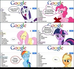 Size: 700x655 | Tagged: safe, applejack, fluttershy, pinkie pie, rainbow dash, rarity, twilight sparkle, earth pony, pegasus, pony, unicorn, g4, autocomplete, comic, cross, easter egg, excited, eyes closed, floppy ears, google, google images, happy, jpg artifacts, mane six, open mouth, pink background, pinkie pie is not amused, ponymemes, sad, searching, simple background, speech bubble, squee, twilight sparkle is not amused, unamused, unhapplejack, unicorn twilight, yay
