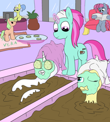 Size: 1818x2000 | Tagged: safe, artist:amateur-draw, fluttershy, rarity, oc, oc:belle boue, earth pony, pegasus, pony, unicorn, g4, computer, couch, cucumber, female, food, levitation, lying down, magic, male, mare, mud, mud bath, mud mask, muddy, newspaper, pc, rarity loves mud, relaxing, spa, spa pony, stallion, telekinesis, towel, towel on head, wet and messy