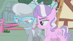 Size: 1920x1080 | Tagged: safe, screencap, diamond tiara, silver spoon, earth pony, pony, call of the cutie, g4, season 1, bedroom eyes, duo, female, filly, foal, glasses, jewelry, looking at each other, looking at someone, necklace, pearl necklace, ponyville