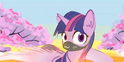 Size: 1700x847 | Tagged: safe, artist:manicpanda, twilight sparkle, alicorn, pony, g4, :3, cherry blossoms, chromatic aberration, colored pupils, ear fluff, face mask, flower, flower blossom, looking at you, mask, solo, spread wings, twilight sparkle (alicorn), wings