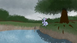 Size: 1920x1080 | Tagged: safe, artist:sunberry, flitter, cat, fish, ghost, undead, fanfic:five hundred little murders, g4, fanfic art, fishing, fishing rod, lake, tree