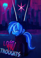 Size: 1240x1754 | Tagged: safe, artist:menalia, oc, oc:freezy coldres, pony, unicorn, aesthetics, city, clothes, female, future, gloves, horn, looking at you, mare, neon, pants, shirt, shoes, skyscraper, sun, text, water