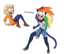 Size: 2660x2219 | Tagged: artist needed, source needed, useless source url, safe, color edit, edit, applejack, rainbow dash, humanoid, g4, spoiler:the owl house, amity blight, barely pony related, blushing, boots, cat tail, catra, claws, clothes, colored, crossover, feline, female, high res, humanized, jewelry, lesbian, light skin edit, looking at you, multicolored hair, nail polish, necklace, open mouth, rainbow cat, rainbow hair, she-ra and the princesses of power, ship:appledash, shipping, shoes, simple background, skin color edit, smiling, species swap, spoilers for another series, surprised, tail, text, the owl house, transparent background, witch