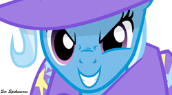 Size: 3000x1653 | Tagged: safe, artist:sirspikensons, trixie, pony, unicorn, g4, cape, close-up, clothes, female, hat, horn, signature, simple background, smiling, smug smile, transparent background, trixie's cape, trixie's hat, vector