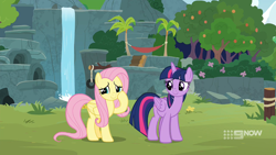 Size: 1920x1080 | Tagged: safe, screencap, fluttershy, twilight sparkle, alicorn, pegasus, pony, g4, memnagerie, my little pony: friendship is forever, 9now, duo, duo female, female, folded wings, hoof on cheek, mare, outdoors, sweet feather sanctuary, twilight sparkle (alicorn), waterfall, wings