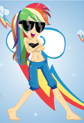 Size: 404x593 | Tagged: safe, artist:zanyonepip, rainbow dash, equestria girls, g4, bare shoulders, barefoot, belly button, clothes, crossed arms, feet, female, human coloration, open mouth, pants, sleeveless, sports bra, strapless, sunglasses, sweatpants, tomboy