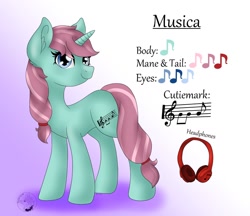 Size: 1280x1106 | Tagged: artist needed, safe, oc, oc only, oc:musica melody, pony, unicorn, blue eyes, ear fluff, full body, gradient background, headphones, horn, reference sheet, shadow, smiling, solo, standing, tail, two toned mane, two toned tail, unicorn oc, watermark