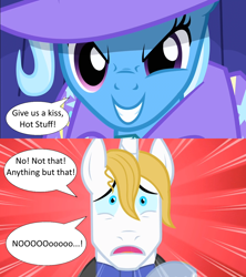 Size: 1280x1440 | Tagged: safe, edit, edited screencap, screencap, prince blueblood, trixie, pony, unicorn, boast busters, g4, the best night ever, cape, close-up, clothes, dialogue, female, hat, imminent kissing, male, mare, ship:bluetrix, shipping, shipping domino, smiling, smirk, speech bubble, stallion, straight, trixie's cape, trixie's hat, worried