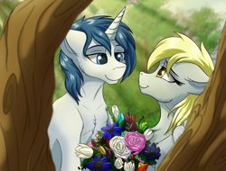 Size: 1582x1200 | Tagged: safe, artist:crimsonwolf360, derpy hooves, oc, oc:javelin, pegasus, pony, unicorn, g4, bouquet, canon x oc, flower, tree