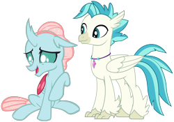 Size: 3100x2168 | Tagged: safe, artist:memnoch, artist:sonofaskywalker, edit, ocellus, terramar, changedling, changeling, classical hippogriff, hippogriff, g4, surf and/or turf, crack shipping, duo, female, high res, interspecies, jewelry, male, necklace, open mouth, open smile, shipping, simple background, sitting, smiling, straight, terracellus, transparent background, vector