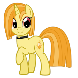 Size: 1500x1500 | Tagged: safe, artist:heliocentric, oc, oc only, oc:amber flair, pony, unicorn, 2022 community collab, derpibooru community collaboration, choker, female, full body, heart, hooves, horn, mare, raised hoof, simple background, smiling, solo, standing, tail, transparent background, two toned mane, two toned tail, unicorn oc