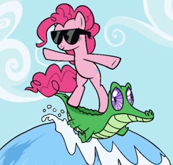 Size: 776x742 | Tagged: safe, budge studios, edit, edited screencap, screencap, gummy, pinkie pie, alligator, earth pony, pony, a royal problem, g4, my little pony color by magic, bipedal, blue sky, cloud, cropped, lowres, pinkie pie riding gummy, ponies riding gators, riding, smiling, sunglasses, surfing, wave