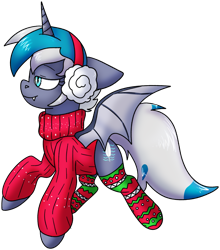 Size: 1947x2212 | Tagged: safe, artist:northernlightsone, oc, oc only, oc:elizabat stormfeather, alicorn, bat pony, bat pony alicorn, pony, alicorn oc, bat pony oc, bat wings, christmas sweater, clothes, commission, earmuffs, fangs, female, horn, mare, raised hoof, raised leg, simple background, socks, solo, stockings, striped socks, sweater, thigh highs, transparent background, wings, ych result