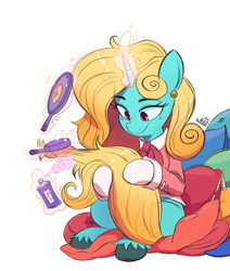 Size: 2480x2924 | Tagged: safe, artist:fanzeem, oc, oc only, oc:seafoam breeze, pony, unicorn, ascot, brush, brushing, clothes, ear piercing, earring, female, glowing, glowing horn, hairspray, hand mirror, high res, horn, jewelry, looking at something, looking down, magic, mare, mirror, piercing, pillow, simple background, sitting, smiling, solo, telekinesis, unicorn oc, unshorn fetlocks, white background