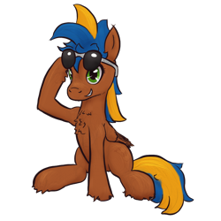 Size: 1000x1000 | Tagged: safe, artist:hiddelgreyk, oc, oc only, pegasus, pony, 2022 community collab, derpibooru community collaboration, blue mane, brown coat, chest fluff, folded wings, full body, green eyes, grin, hooves, male, pegasus oc, simple background, sitting, smiling, solo, stallion, sunglasses, sunglasses on head, tail, transparent background, two toned mane, two toned tail, wings