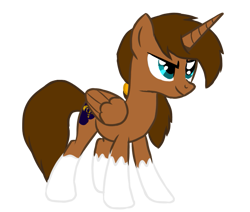Size: 709x600 | Tagged: safe, artist:holdenwolfart, oc, oc only, oc:royale royce, alicorn, pony, 2022 community collab, derpibooru community collaboration, alicorn oc, brown mane, brown tail, coat markings, folded wings, full body, hooves, horn, male, show accurate, simple background, smiling, smirk, socks (coat markings), solo, stallion, standing, tail, teal eyes, transparent background, wings