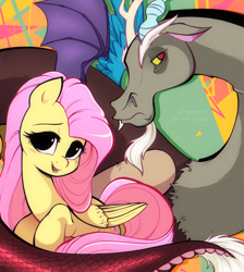 Size: 2064x2306 | Tagged: safe, artist:syrupyyy, discord, fluttershy, draconequus, pegasus, pony, g4, abstract background, beard, duo, facial hair, female, frown, high res, male, mare, open mouth, open smile, smiling