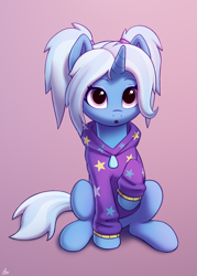 Size: 1250x1750 | Tagged: safe, artist:luminousdazzle, trixie, pony, unicorn, g4, :o, alternate hairstyle, babysitter trixie, clothes, cute, diatrixes, gradient background, hoodie, looking at you, looking up, open mouth, pigtails, pink background, raised hoof, simple background, sitting, solo, twintails