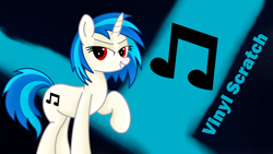 Size: 3840x2160 | Tagged: safe, artist:rainbowšpekgs, dj pon-3, vinyl scratch, pony, unicorn, g4, cutie mark, cutie mark background, female, high res, mare, raised hoof, red eyes, smiling, solo, standing, text, wallpaper