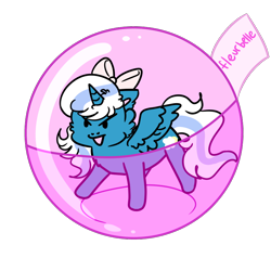 Size: 800x800 | Tagged: safe, artist:appledraws2231, oc, oc:fleurbelle, alicorn, pony, alicorn oc, bow, capsule, cheek fluff, female, hair bow, horn, mare, simple background, toy, transparent background, wings
