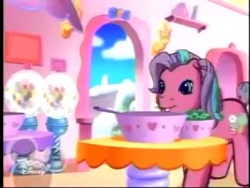 Size: 480x360 | Tagged: safe, screencap, sweetberry, earth pony, pony, a very minty christmas, g3, bowl, cotton candy cafe, cute, female, frying pan, g3 toon disney screenbug, gumball machine, indoors, mare, outdoors, solo, sweet sweetberry, table, toon disney