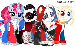 Size: 3446x2161 | Tagged: safe, artist:dragonchaser123, artist:kellysweet1, oc, oc only, oc:giggle glider, oc:har-harley queen, oc:harleen hijinks, oc:side-splitter, earth pony, pegasus, pony, unicorn, base used, boots, choker, clothes, corset, ear piercing, earring, eyebrow piercing, eyeshadow, female, fishnets, gloves, grin, group, harley quinn, heterochromia, high res, jacket, jester, jewelry, makeup, mare, mask, multicolored hair, nose piercing, nose ring, piercing, pigtails, raised hoof, roller skates, shirt, shoes, simple background, smiling, socks, stockings, t-shirt, tattoo, thigh highs, transparent background, twintails, varsity jacket