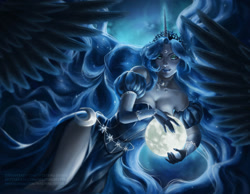 Size: 1280x995 | Tagged: safe, artist:weeping-jester, princess luna, human, g4, breasts, busty princess luna, cleavage, clothes, dress, female, horn, horned humanization, humanized, jewelry, looking at you, moon, necklace, pony coloring, side slit, solo, tangible heavenly object, winged humanization, wings