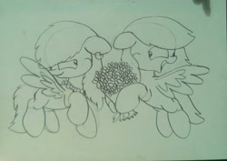 Size: 1817x1288 | Tagged: safe, artist:beesmeliss, oc, oc only, pegasus, pony, bouquet, female, flower, mare, monochrome, traditional art