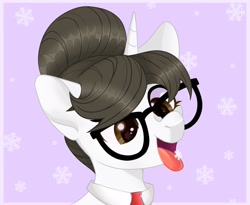 Size: 2048x1681 | Tagged: source needed, useless source url, safe, artist:candystartrixie, artist:kadzumiisayu, raven, pony, unicorn, brown eyes, bust, catching snowflakes, christmas, commission, cute, eyelashes, female, glasses, hair bun, holiday, horn, mare, necktie, open mouth, open smile, portrait, ravenbetes, secretary, simple background, smiling, snow, snowflake, solo, tongue out, ych result