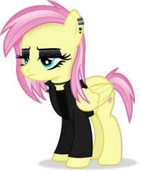 Size: 3251x3985 | Tagged: safe, artist:anime-equestria, fluttershy, pegasus, pony, g4, alternate hairstyle, clothes, ear piercing, eyeshadow, female, fluttergoth, goth, high res, jacket, jewelry, makeup, mare, necklace, piercing, simple background, solo, sparkly eyeshadow, transparent background, vector, wings