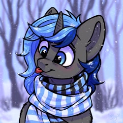 Size: 2048x2048 | Tagged: safe, artist:amishy, oc, oc only, pony, unicorn, bust, catching snowflakes, clothes, cross-eyed, high res, looking at something, oc name needed, outdoors, scarf, snow, snowfall, solo, striped scarf, three quarter view, tongue out