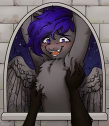 Size: 2614x2992 | Tagged: oc name needed, safe, artist:konejo, oc, oc only, pegasus, pony, armpits, bad touch, blushing, chest fluff, crying, fangs, hand, high res, night, personal space invasion, spread wings, tickling, wings