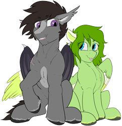 Size: 3093x3198 | Tagged: safe, artist:cold blight, oc, oc only, oc:lief, oc:windwalker, bat pony, pegasus, pony, 2022 community collab, derpibooru community collaboration, :p, bat pony oc, beanbrows, blaze (coat marking), coat markings, colored wings, couple, cute, duo, ear fluff, ear tufts, eye clipping through hair, eyebrows, eyebrows visible through hair, facial markings, floppy ears, high res, hooves, multicolored wings, ocbetes, open mouth, open smile, pegasus oc, raised hoof, simple background, sitting, smiling, tongue out, transparent background, unshorn fetlocks, windsong, wings