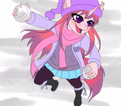 Size: 3756x3286 | Tagged: safe, artist:cali luminos, oc, oc:aine, unicorn, anthro, boots, child, clothes, digital, female, high res, horn, scarf, shoes, snow, snowball, solo, unicorn oc, winter clothes, winter outfit