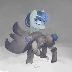 Size: 3000x3000 | Tagged: safe, artist:remedy7en, oc, oc only, oc:inkstead, earth pony, pony, armor, boots, bun, chainmail, circlet, cloak, clothes, high res, magic, shoes, snow, solo, sword, viking, weapon