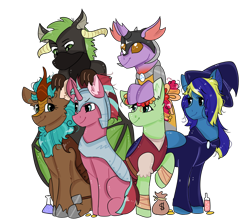 Size: 1280x1128 | Tagged: safe, artist:valkiria, oc, oc only, oc:cocoa berry, oc:halcyon halfnote, oc:larynx (changeling), oc:lobelya, oc:wild goosechase, unnamed oc, changedling, changeling, dragon, earth pony, kirin, pegasus, pony, unicorn, armor, bandage, bandana, bard, bits, boots, changedling oc, changeling oc, clothes, dragon oc, dungeons and dragons, fantasy class, female, freckles, glass, gloves, glowing, glowing horn, grin, hat, healer, helmet, hoof shoes, horn, kirin oc, knee pads, male, mare, money, multicolored hair, nonbinary, pants, pen and paper rpg, potion, pouch, robe, rpg, shirt, shoes, simple background, singing, sitting, sky, smiling, transparent background, vest, wall of tags, wizard, wizard hat