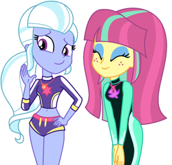 Size: 916x878 | Tagged: safe, artist:sarahalen, sour sweet, sugarcoat, equestria girls, g4, belly button, clothes, clothes swap, duo, eyes closed, female, hand on hip, simple background, swimsuit, swimsuit swap, white background