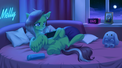 Size: 3840x2160 | Tagged: safe, artist:ls_skylight, oc, oc only, oc:watermelon success, pegasus, pony, 16:9, alarm clock, bed, belly, candy, clock, cloud, dock, ear fluff, earbuds, feathered wings, female, food, framed picture, high res, hoof on belly, lollipop, lying down, mare, moon, neon, night, nintendo, nintendo switch, not fluttershy, on back, on bed, pillow, plushie, spread legs, spreading, tail, underhoof, wallpaper, water bottle, window, wing hands, wing hold, wings