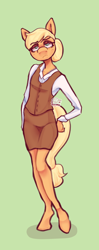 Size: 1694x4288 | Tagged: safe, artist:scribleydoodles, applejack, earth pony, anthro, unguligrade anthro, g4, magical mystery cure, alternate hairstyle, alternate universe, bad end, clothes, eyeshadow, female, freckles, green background, makeup, shirt, simple background, skirt, solo, vest