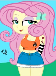 Size: 773x1061 | Tagged: safe, artist:flutteryaylove, fluttershy, equestria girls, g4, belly button, breasts, busty fluttershy, cleavage, clothes, daisy dukes, female, looking at you, midriff, shorts, smiling, solo