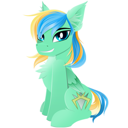Size: 2000x2000 | Tagged: safe, artist:andaluce, oc, oc only, oc:typh, pegasus, pony, 2022 community collab, derpibooru community collaboration, chest fluff, ear fluff, folded wings, full body, grin, high res, hooves, pegasus oc, simple background, sitting, smiling, solo, tail, transparent background, two toned mane, wings