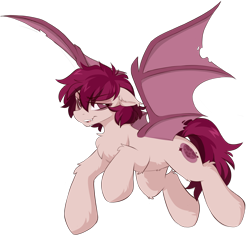 Size: 2520x2364 | Tagged: safe, artist:crimmharmony, oc, oc only, oc:crimm harmony, bat pony, pony, bat wings, chest fluff, chin fluff, colored pupils, ear fluff, eye clipping through hair, eyebrows, eyebrows visible through hair, eyeshadow, fangs, floppy ears, flying, high res, lidded eyes, looking at you, makeup, male, open mouth, open smile, rule 63, simple background, smiling, smiling at you, solo, spread wings, stallion, transparent background, wings